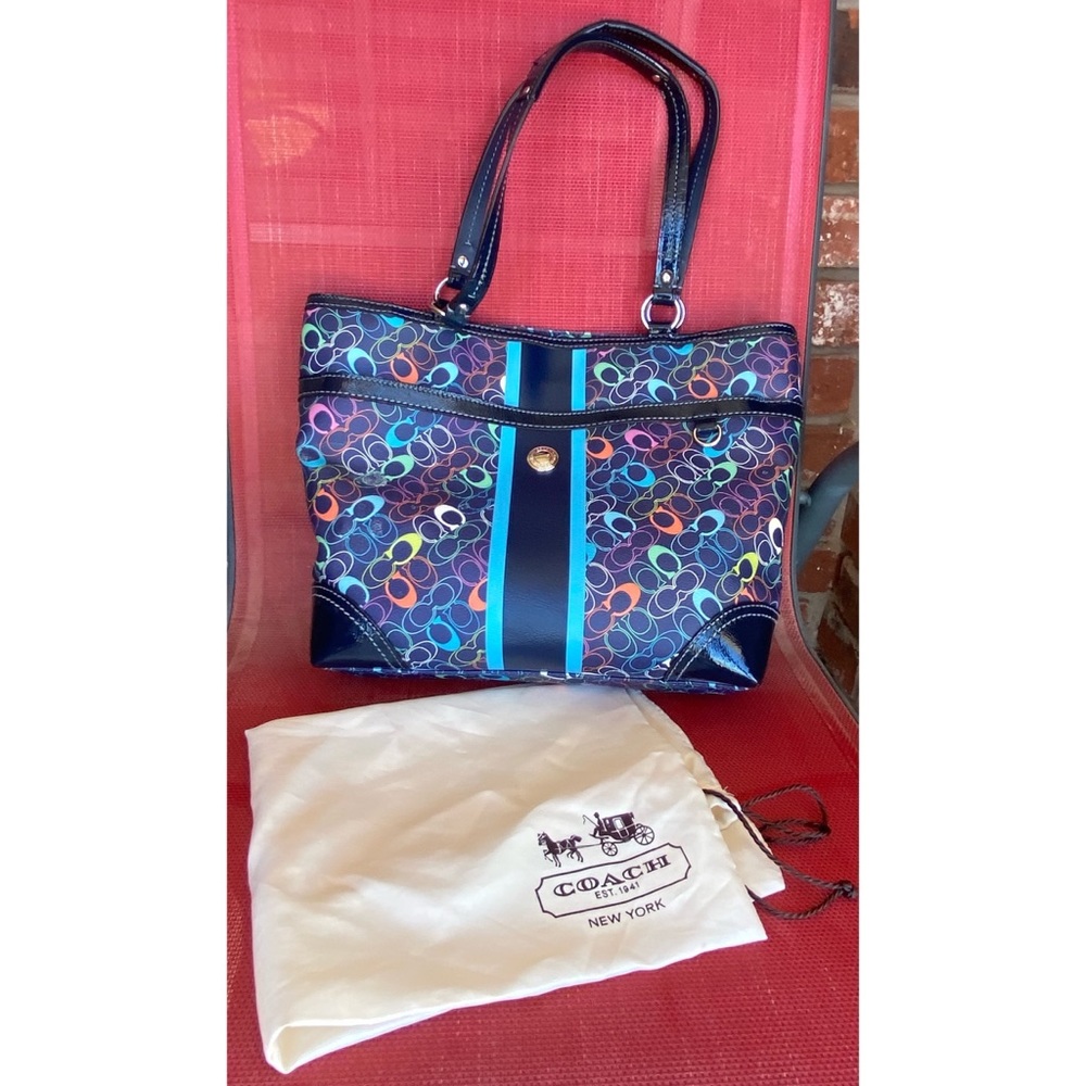 Coach Chelsea Heritage signature striped handbag, tote, navy, PVC/leather F15139